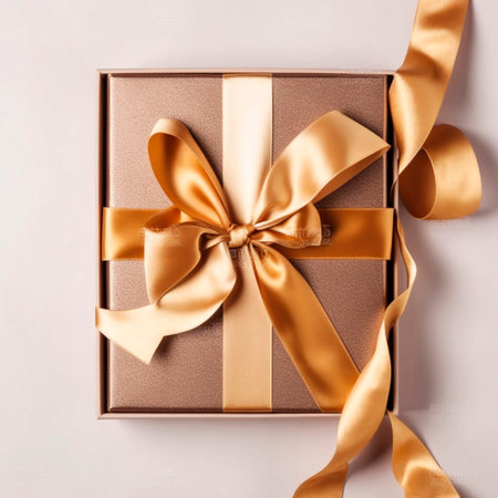 golden gift box with gold ribbons on the table. High qualityの素材