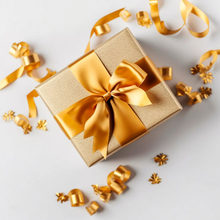 golden gift box with gold ribbons on the table. High qualityの素材