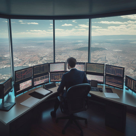 trader in front of monitors in a skyscraper overlooking the city. High qualityの素材