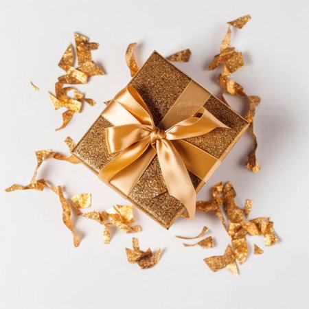 golden gift box with gold ribbons on the table. High qualityの素材