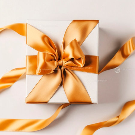 white gift box with gold ribbons on the table. High qualityの素材