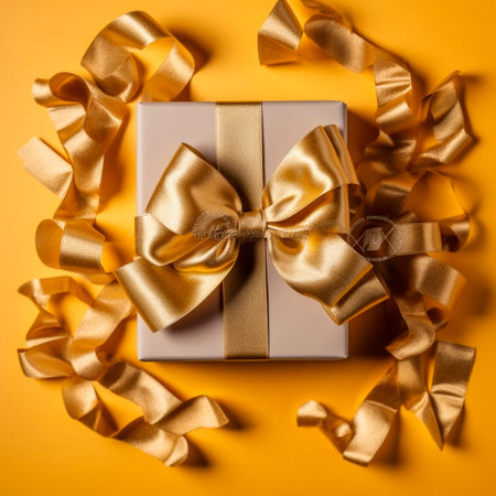 golden gift box with gold ribbons on the table. High qualityの素材