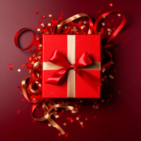 red gift box with gold ribbons on the table. High qualityの素材
