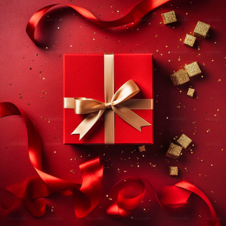 red gift box with gold ribbons on the table. High qualityの素材
