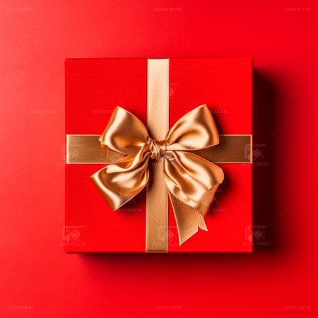 red gift box with gold ribbons on the table. High qualityの素材