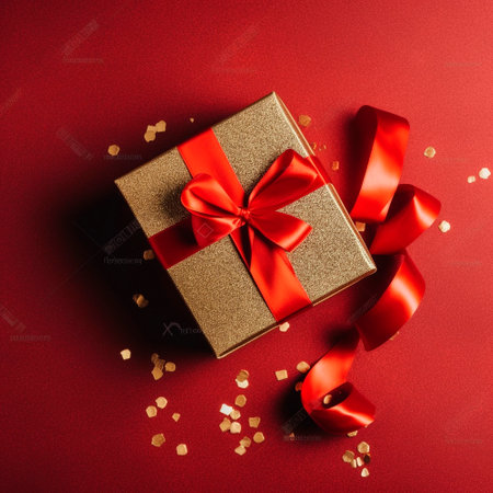red gift box with gold ribbons on the table. High qualityの素材