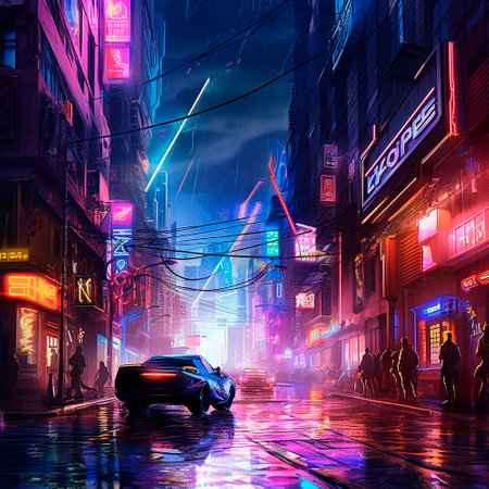 neon city in cyberpunk style. High quality illustrationの素材