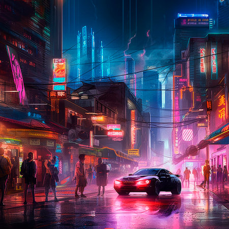 neon city in cyberpunk style. High quality illustrationの素材