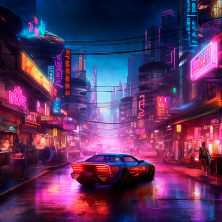 neon city in cyberpunk style. High quality illustrationの素材