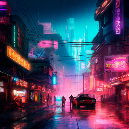 neon city in cyberpunk style. High quality illustrationの素材