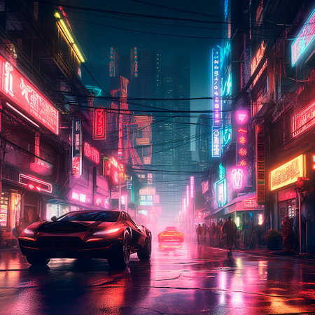 neon city in cyberpunk style. High quality illustrationの素材