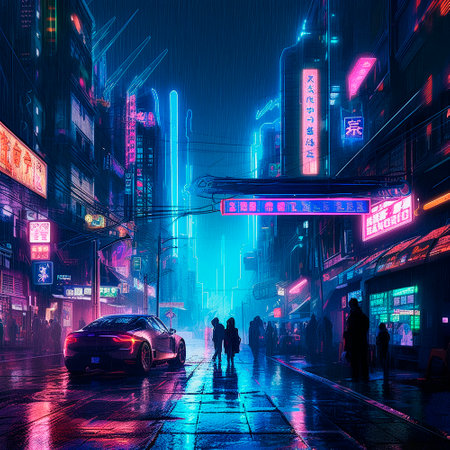 neon city in cyberpunk style. High quality illustrationの素材