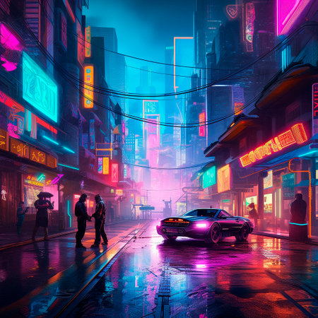 neon city in cyberpunk style. High quality illustrationの素材