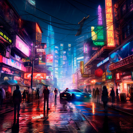 neon city in cyberpunk style. High quality illustrationの素材