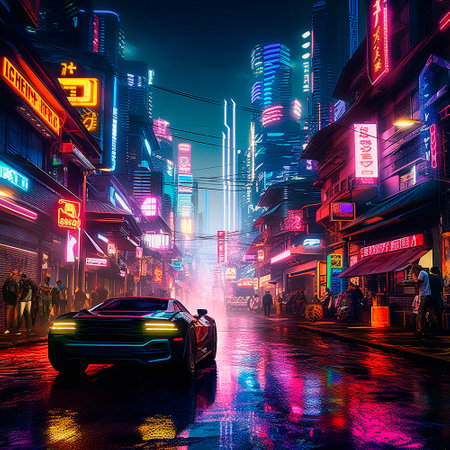 neon city in cyberpunk style. High quality illustrationの素材