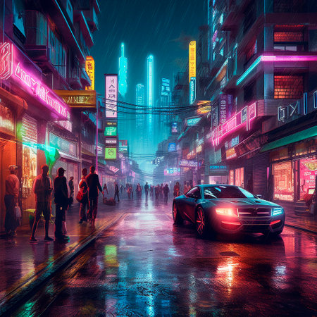 neon city in cyberpunk style. High quality illustrationの素材