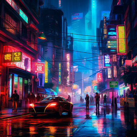 neon city in cyberpunk style. High quality illustrationの素材