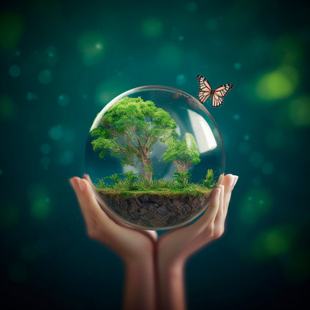 A hand holds a glass planet. Saving the Planet. High quality illustrationの素材