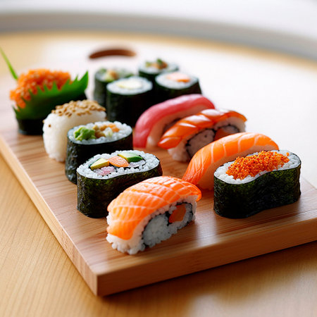 Delicious sushi on a wooden board. High quality illustrationの素材