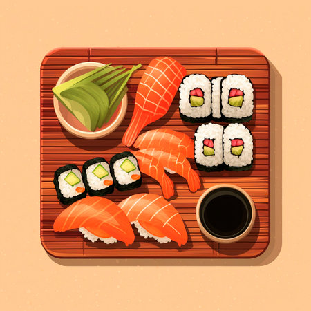 Delicious sushi on a wooden board. High quality illustrationの素材