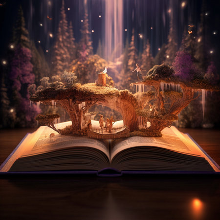 An open magic book on the pages of which a fairy tale unfoldsの素材