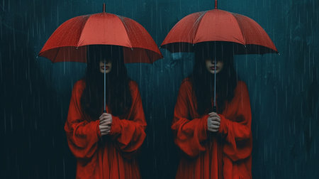 A gloomy illustration of two girls in the pouring rain. Two girls in red robes. Horrorの素材