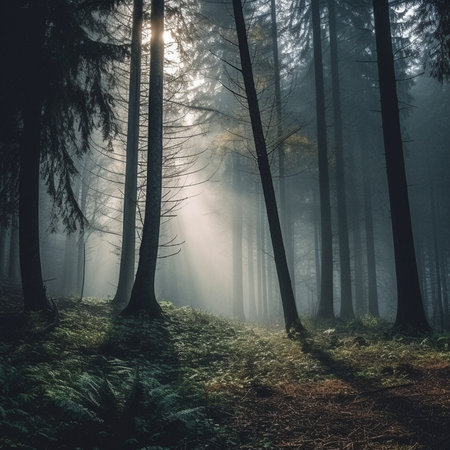 A beautiful image of the forest in the morning haze in the rays of the rising sunの素材