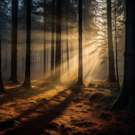 A beautiful image of the forest in the morning haze in the rays of the rising sunの素材