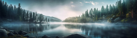A beautiful forest lake with morning haze over the water in the rays of the morning sun. High quality illustrationの素材