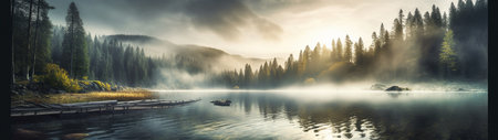 A beautiful forest lake with morning haze over the water in the rays of the morning sun. High quality illustrationの素材