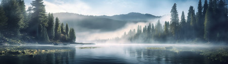 A beautiful forest lake with morning haze over the water in the rays of the morning sun. High quality illustrationの素材