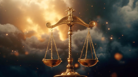 Justice. Golden scales in the sky. Time to make a choice. High quality illustrationの素材