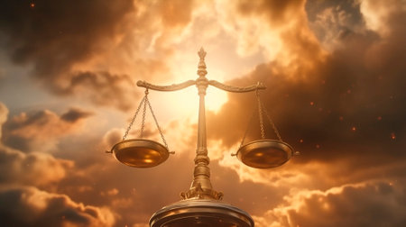 Justice. Golden scales in the sky. Time to make a choice. High quality illustrationの素材