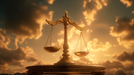 Justice. Golden scales in the sky. Time to make a choice. High quality illustrationの素材