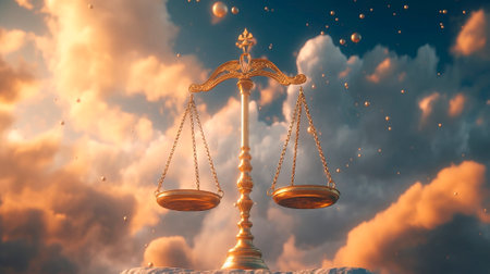 Justice. Golden scales in the sky. Time to make a choice. High quality illustrationの素材