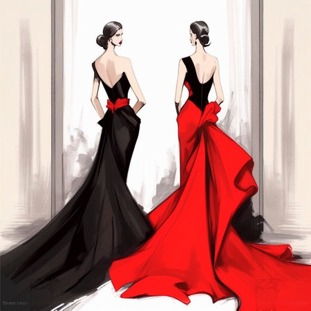 Fashion show, long red and black dresses. High quality illustrationの素材