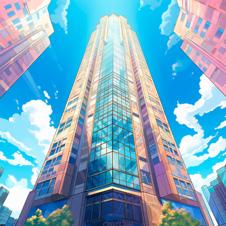 modern skyscraper in anime style. High quality illustrationの素材