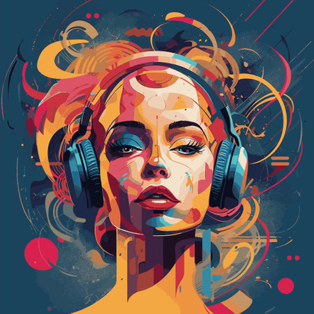 Eye-catching girl with headphones, portrait design image. Vector illustrationのイラスト素材