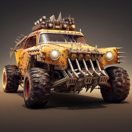 A car in the styles of post-apocalypse and diesel punk. High quality photoの素材