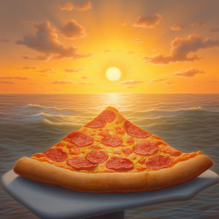 A slice of pizza in the rays of the rising sun. High quality illustrationの素材