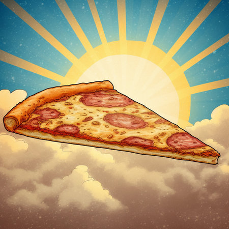 A slice of pizza in the rays of the rising sun. High quality illustrationの素材