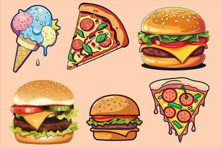 A selection of delicious fast food icons. Pizza, ice cream, burgers. Vector illustrationのイラスト素材