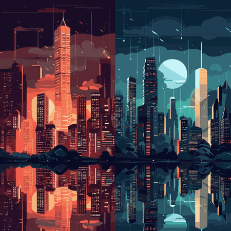 City landscape with modern tower buildings at the sunset. Vector illustrationのイラスト素材