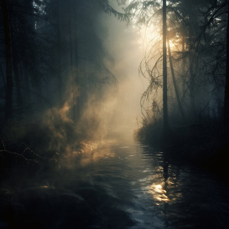 A river in a misty mysterious forest. High quality illustrationの素材
