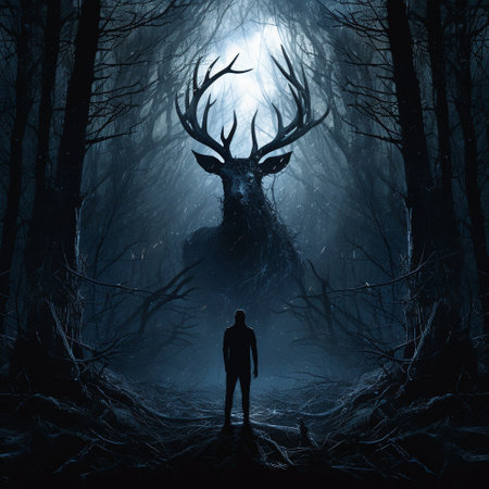 A man met a giant forest spirit in the forest at night. Art in the style of dark fantasy and thriller. High quality photoの素材