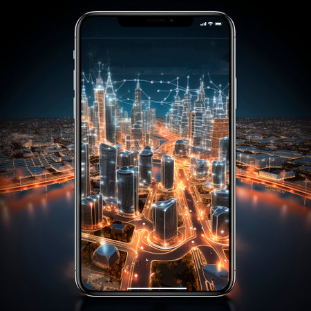 Background of the city of the future with augmented reality.View via mobile phone. High quality illustrationの素材