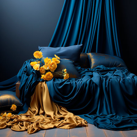professional background with expensive blue and gold silk. Various decorative elements in the form of flowers and petals High quality illustrationの素材