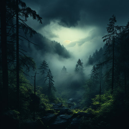 Mysterious mountain forest at night. High quality illustrationの素材