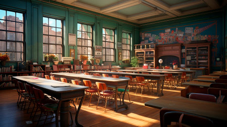 School background. Sunlight in the classroom. The theme of autumn and the beginning of the school year. High quality illustrationの素材