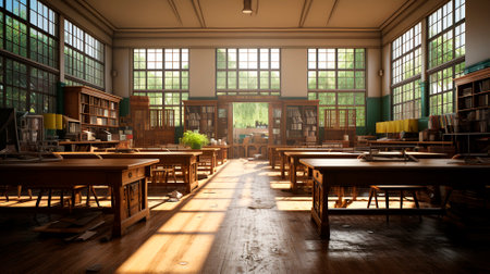 School background. Sunlight in the classroom. The theme of autumn and the beginning of the school year. High quality illustrationの素材